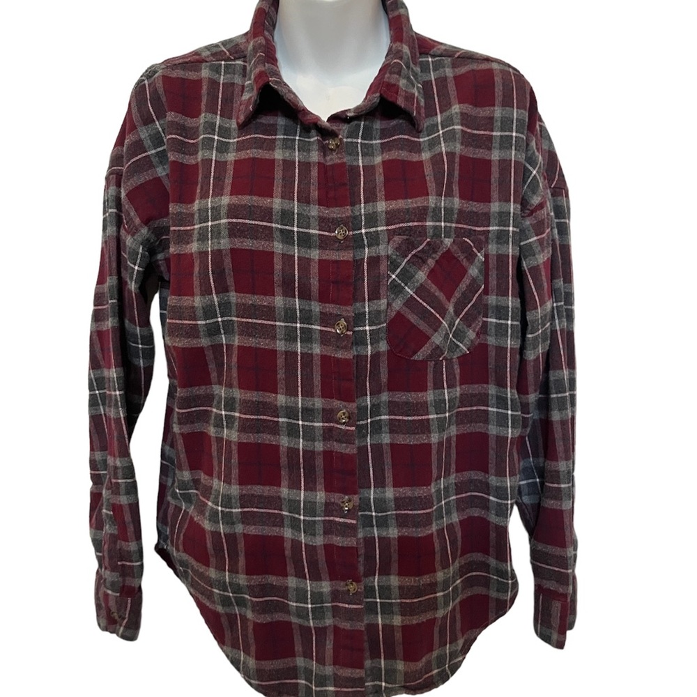 Brandy Melville Button Up Flannel long sleeve plaid shirt burgundy gray cotton M